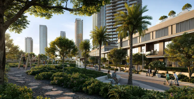Render of a landscaped park walk beside the low-rise homes and tower at Silva