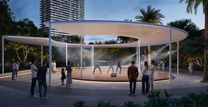 Render of an open-air pavilion with a performance at dusk near Silva