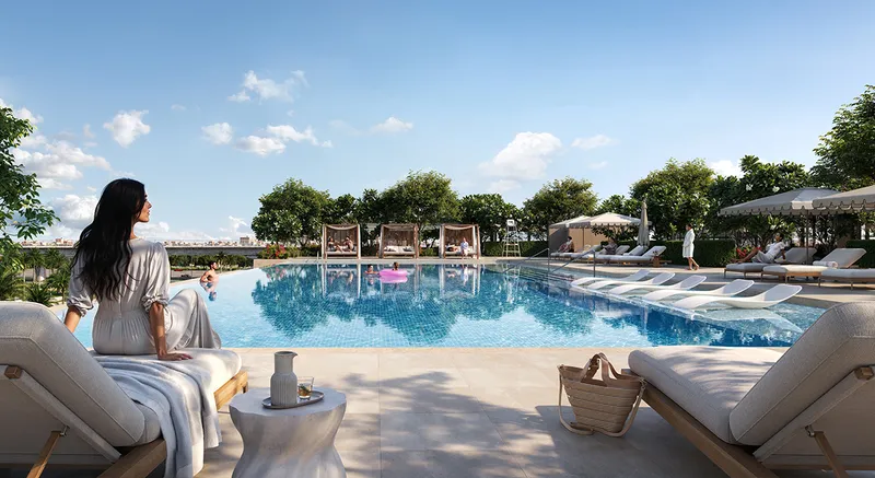 Render of the Silva swimming pool with sun loungers and cabanas