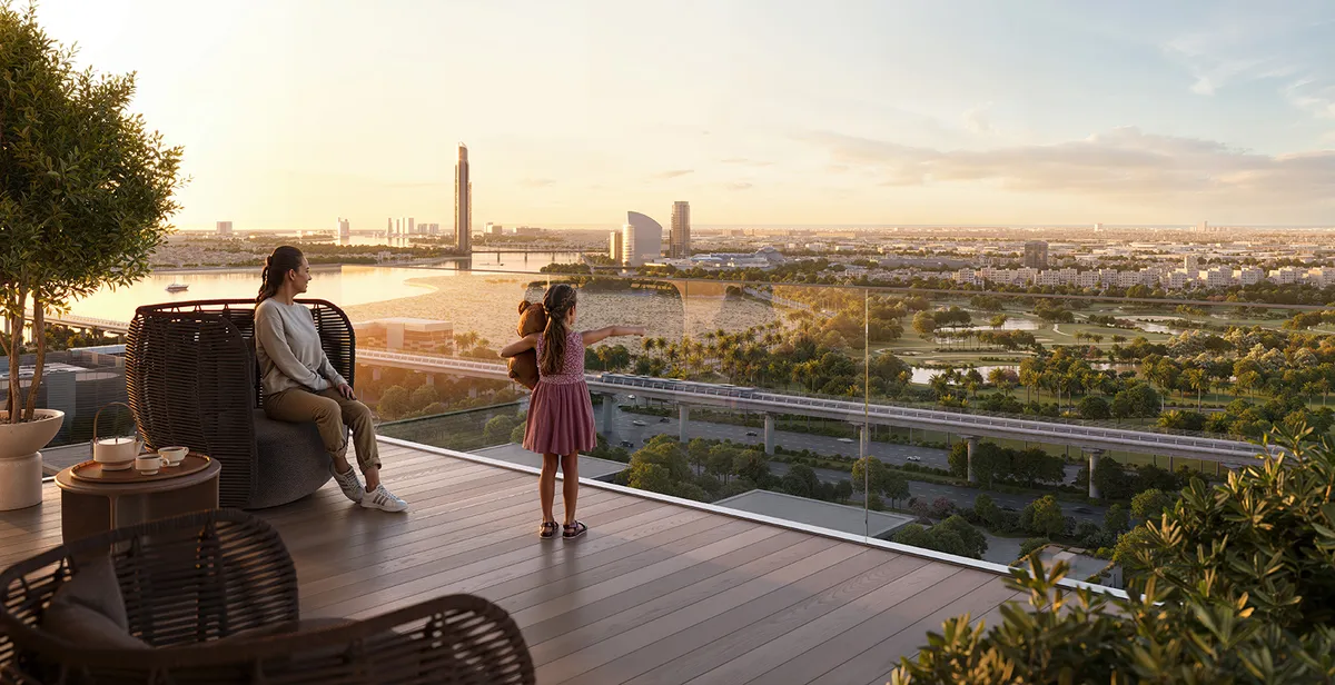 Render of a Silva terrace at sunset looking over parkland towards Dubai Creek and the skyline