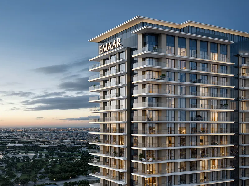 Render of the upper floors of the Silva tower at dusk with wraparound balconies
