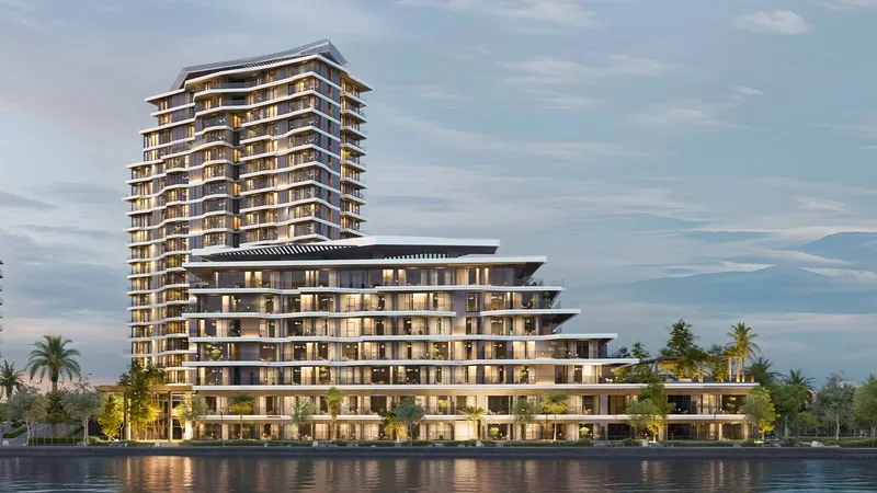 Render of the two Skai towers on the Raha Island waterfront, Mina Al Arab, Ras Al Khaimah