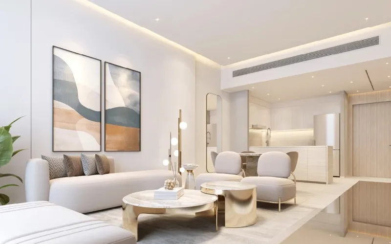 Interior render of a Sky Gate Tower living room with an open kitchen behind