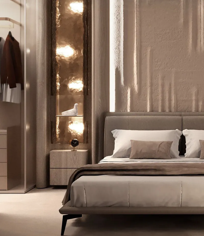 Render of a Sky Harmony bedroom in soft neutral tones with a walk-in wardrobe