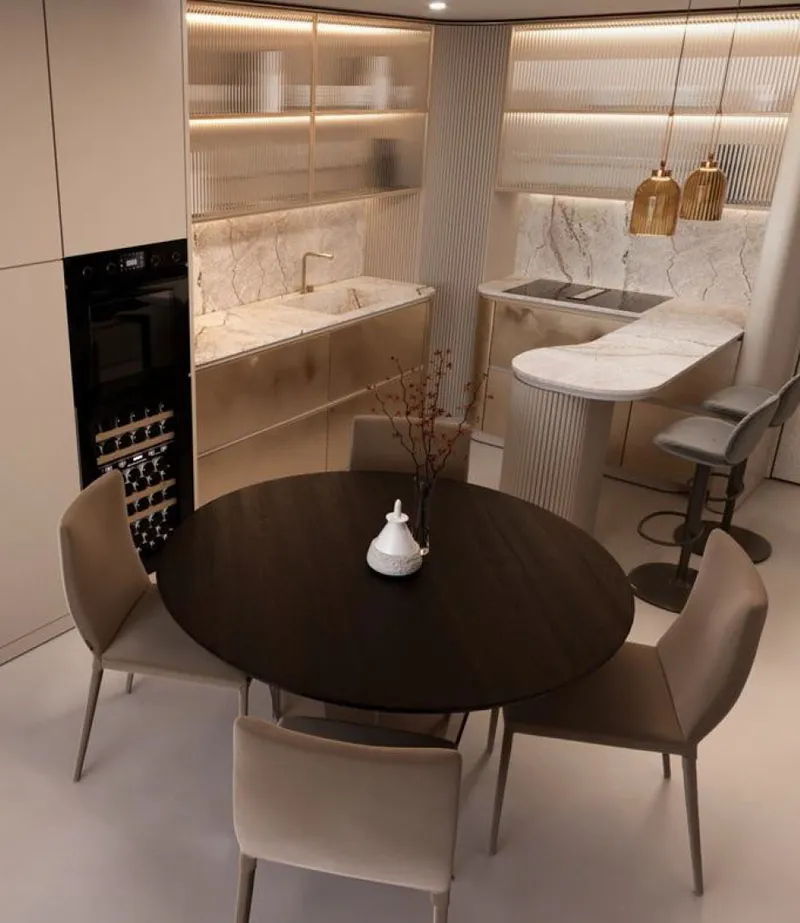 Render of a Sky Harmony kitchen with marble counters and a round dining table