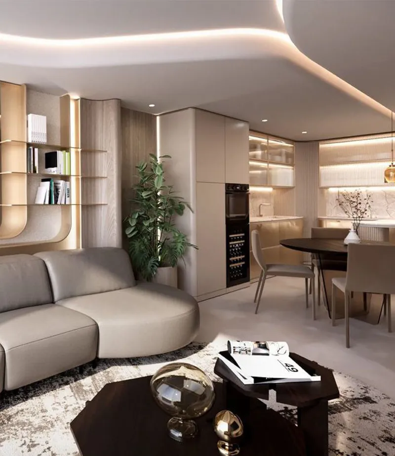 Render of a Sky Harmony living room with a curved sofa, open kitchen and dining area