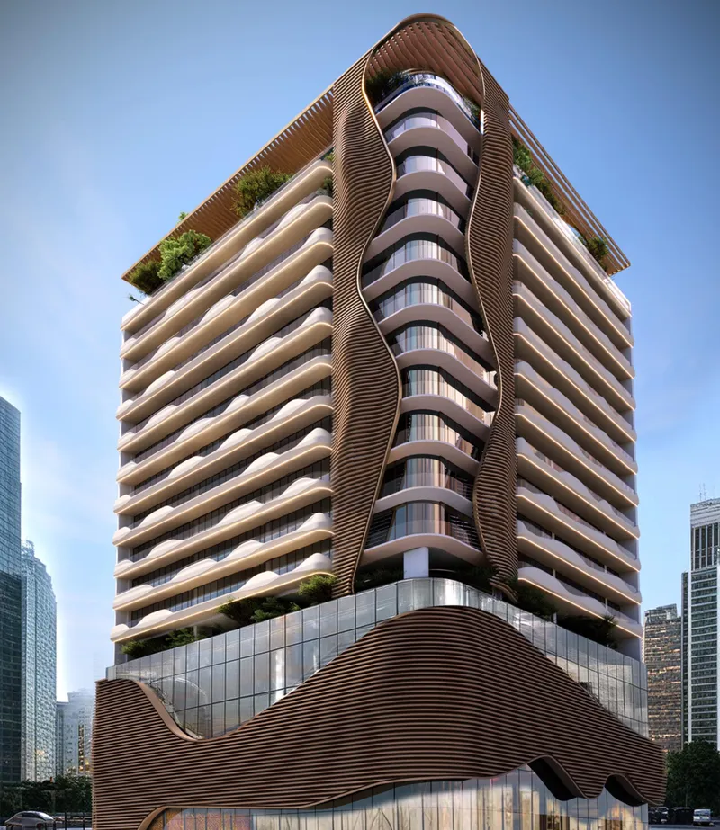 Render of the Sky Harmony tower in JVC with its curved, ribbed facade and glazed podium