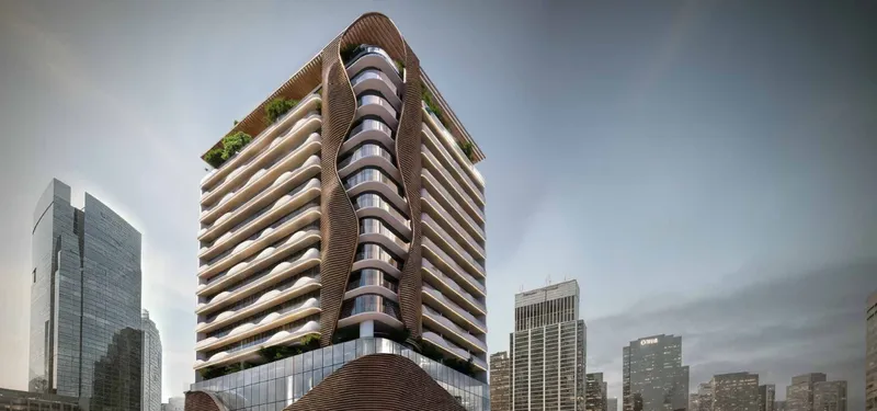 Render of Sky Harmony against the city skyline at dusk