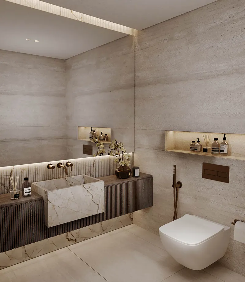 Render of a bathroom in stone tones at Sky Line
