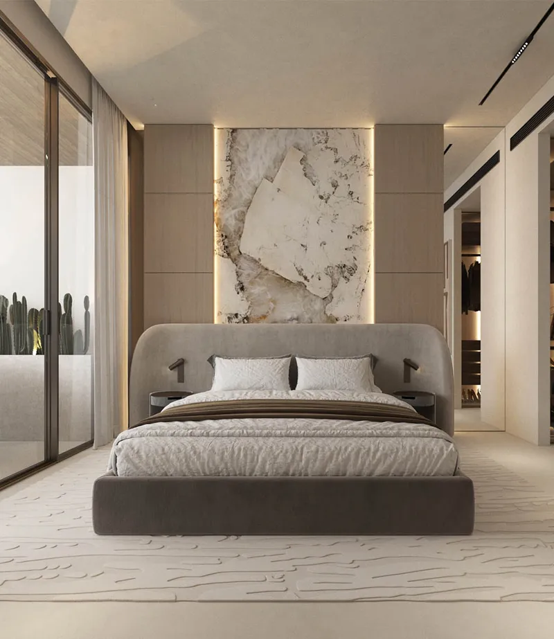 Render of a bedroom with a walk-in wardrobe at Sky Line