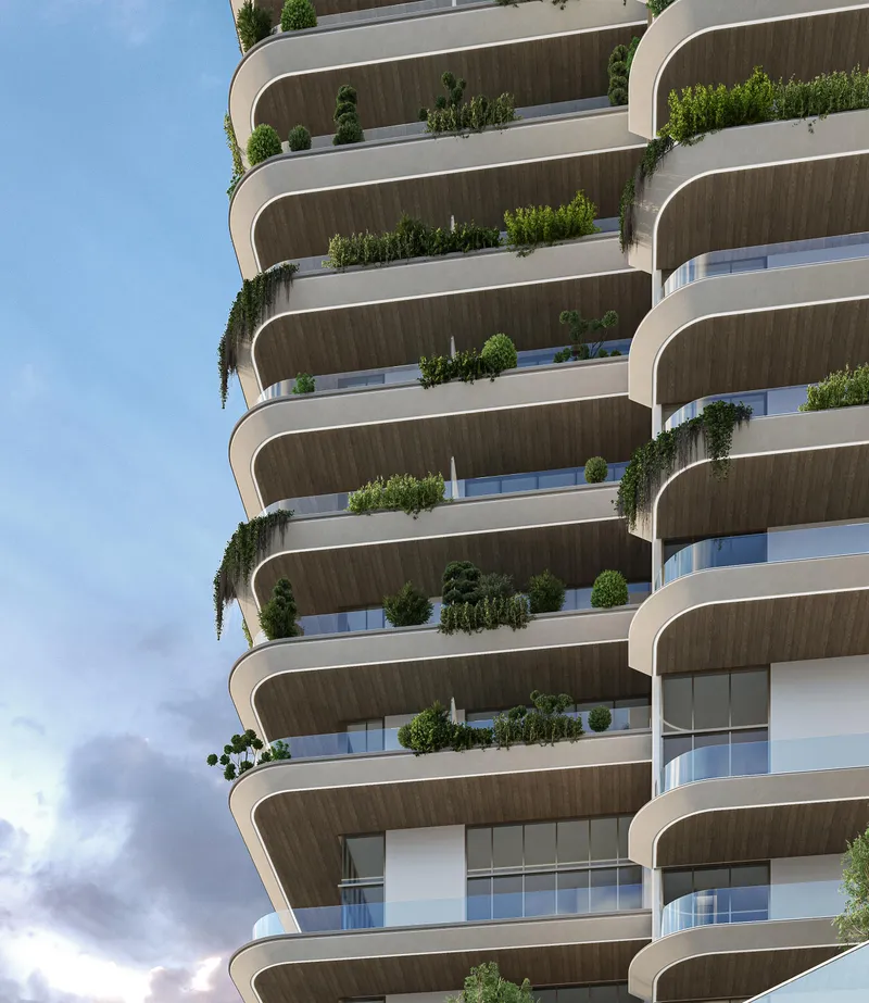 Render of the curved, planted terraces on the Sky Line tower