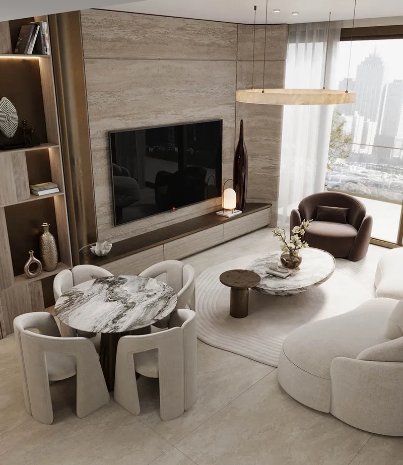 Render of a living and dining area with city views at Sky Line