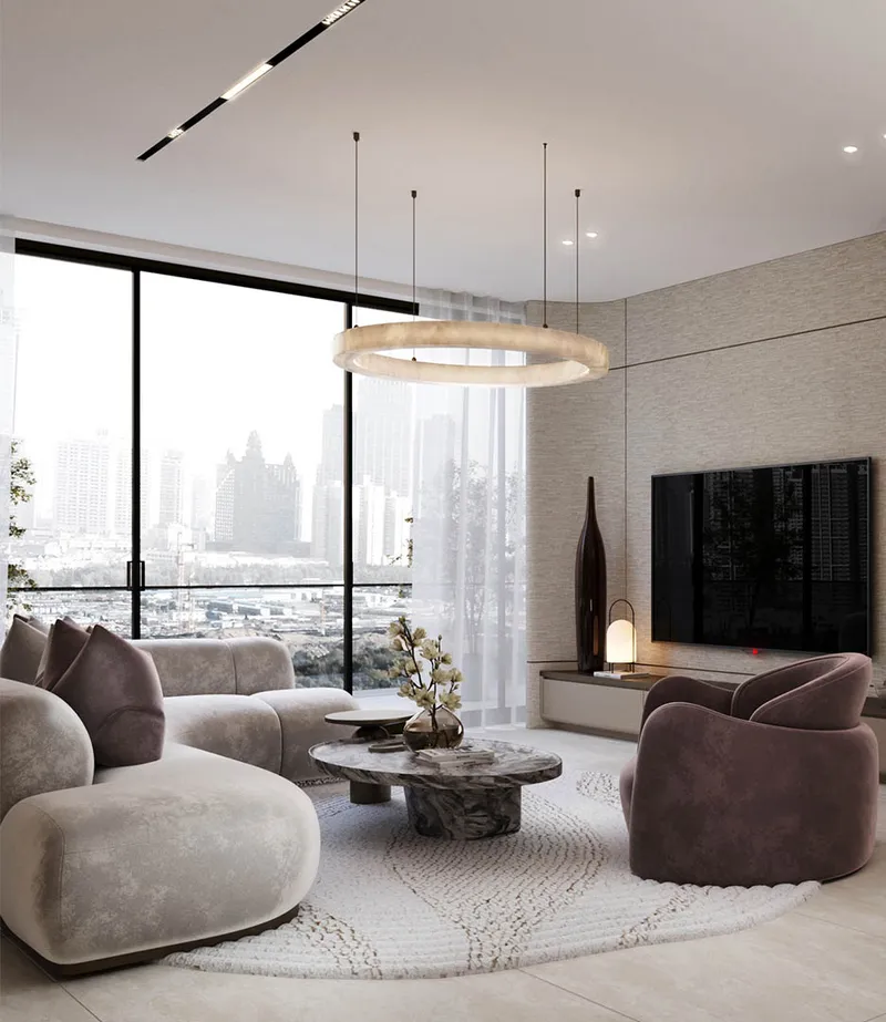 Render of a living room with full-height windows at Sky Line