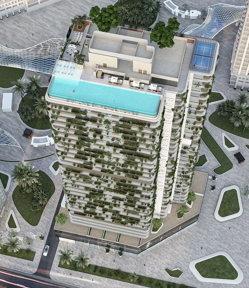 Aerial render of Sky Line with the rooftop infinity pool and padel court