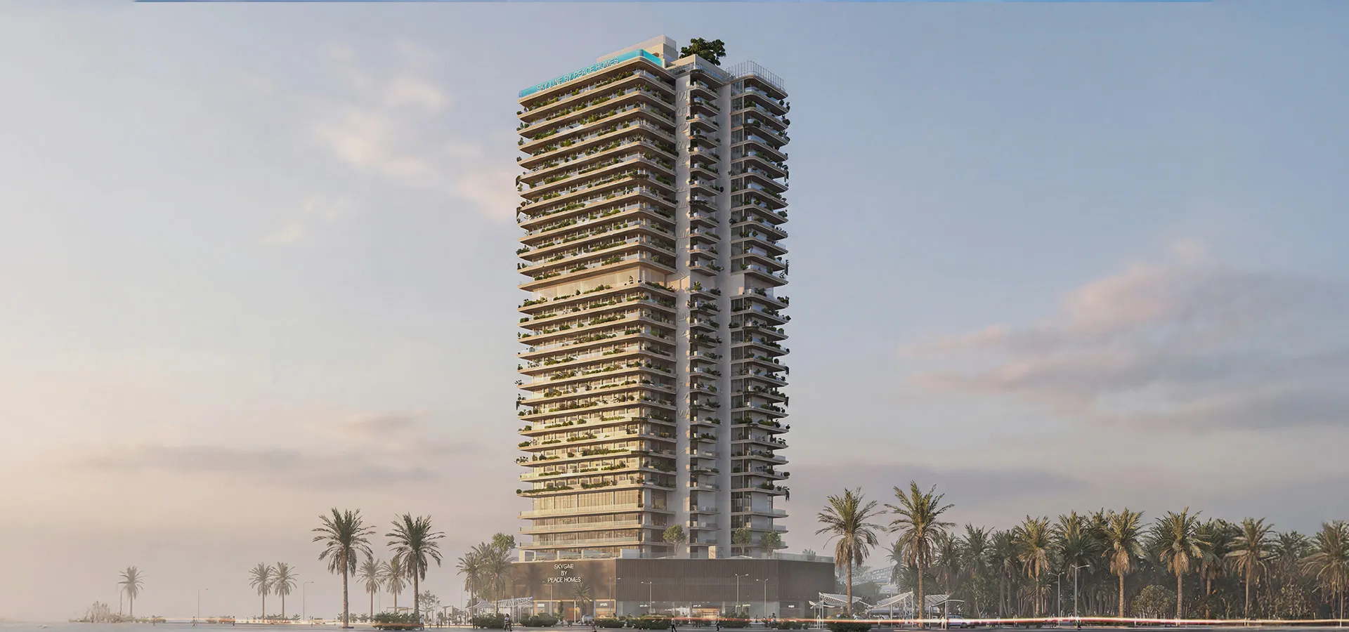 Render of the Sky Line tower in Dubailand Residence Complex at sunset