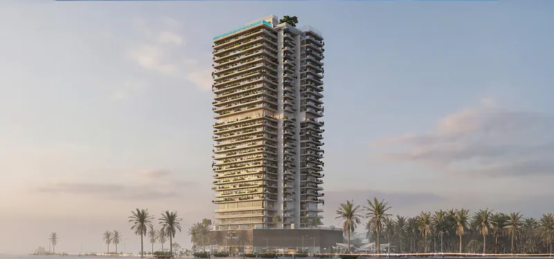 Render of the Sky Line tower in Dubailand Residence Complex at sunset