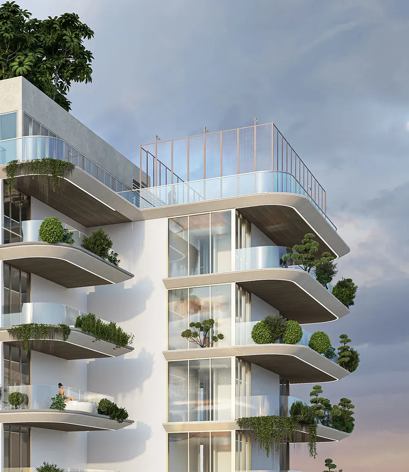 Render of the upper floors of Sky Line with planted balconies