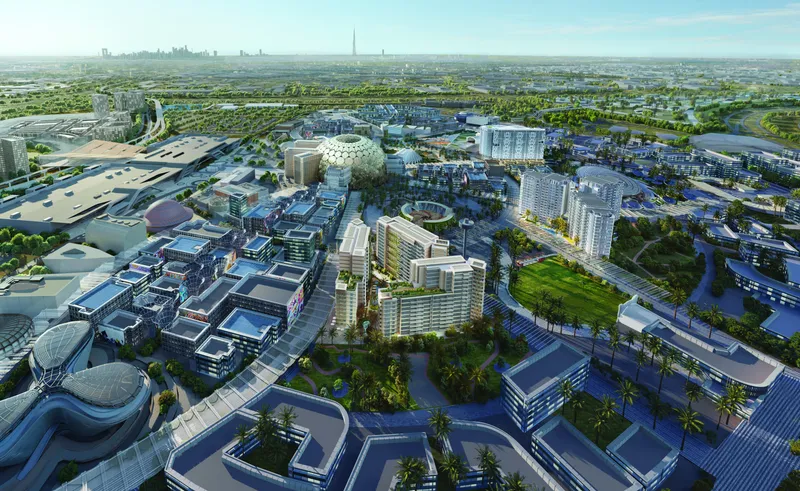 Aerial render of Sky Residences in the centre of Expo City Dubai with Al Wasl Plaza behind