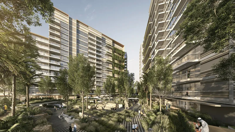 Render of the landscaped courtyard between the Sky Residences buildings
