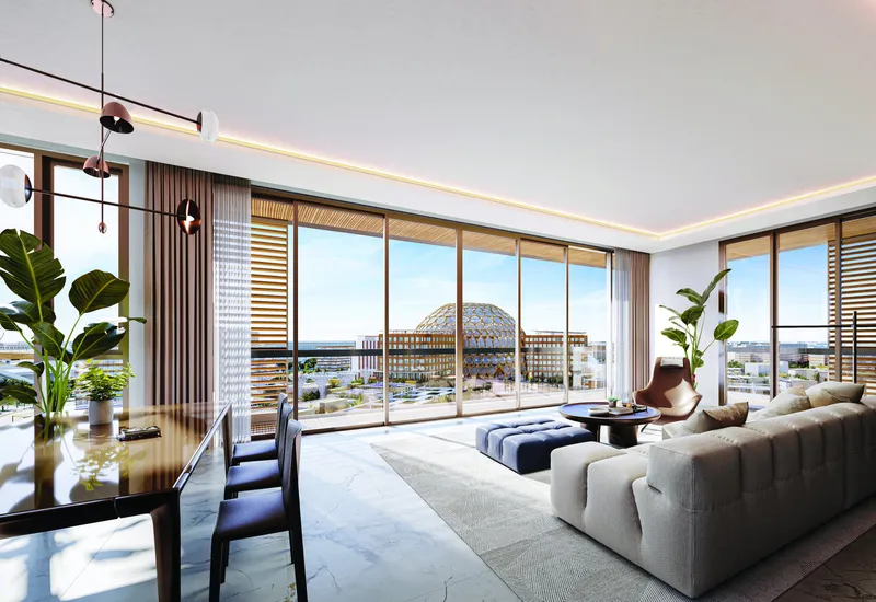 Render of a Sky Residences living room with full-height windows facing Al Wasl Plaza
