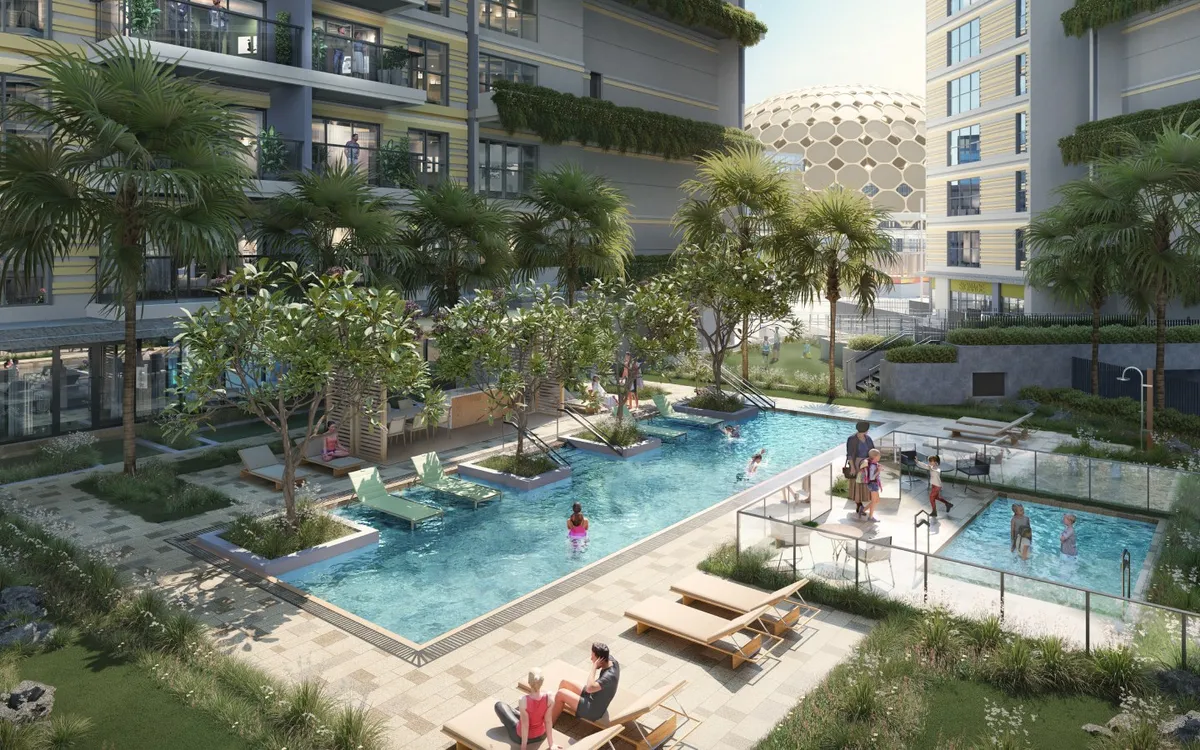 Render of the lap pool and kids’ pool in the Sky Residences courtyard
