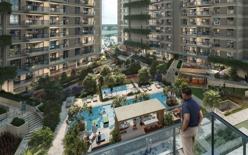 Render of the pool deck and pavilion seen from a Sky Residences balcony