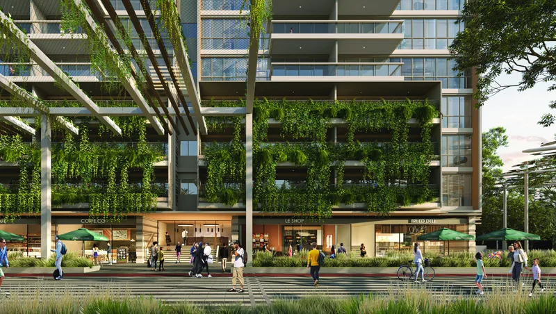 Render of shops and cafés at street level below the planted terraces of Sky Residences