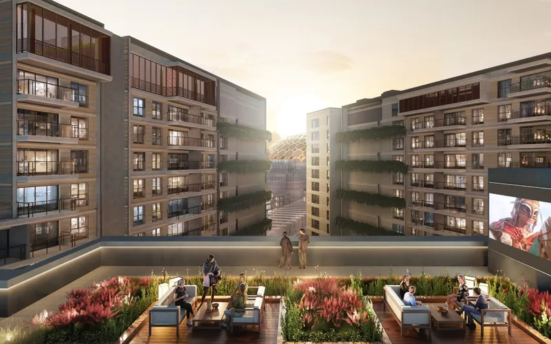 Render of a residents’ terrace at Sky Residences with seating and planting