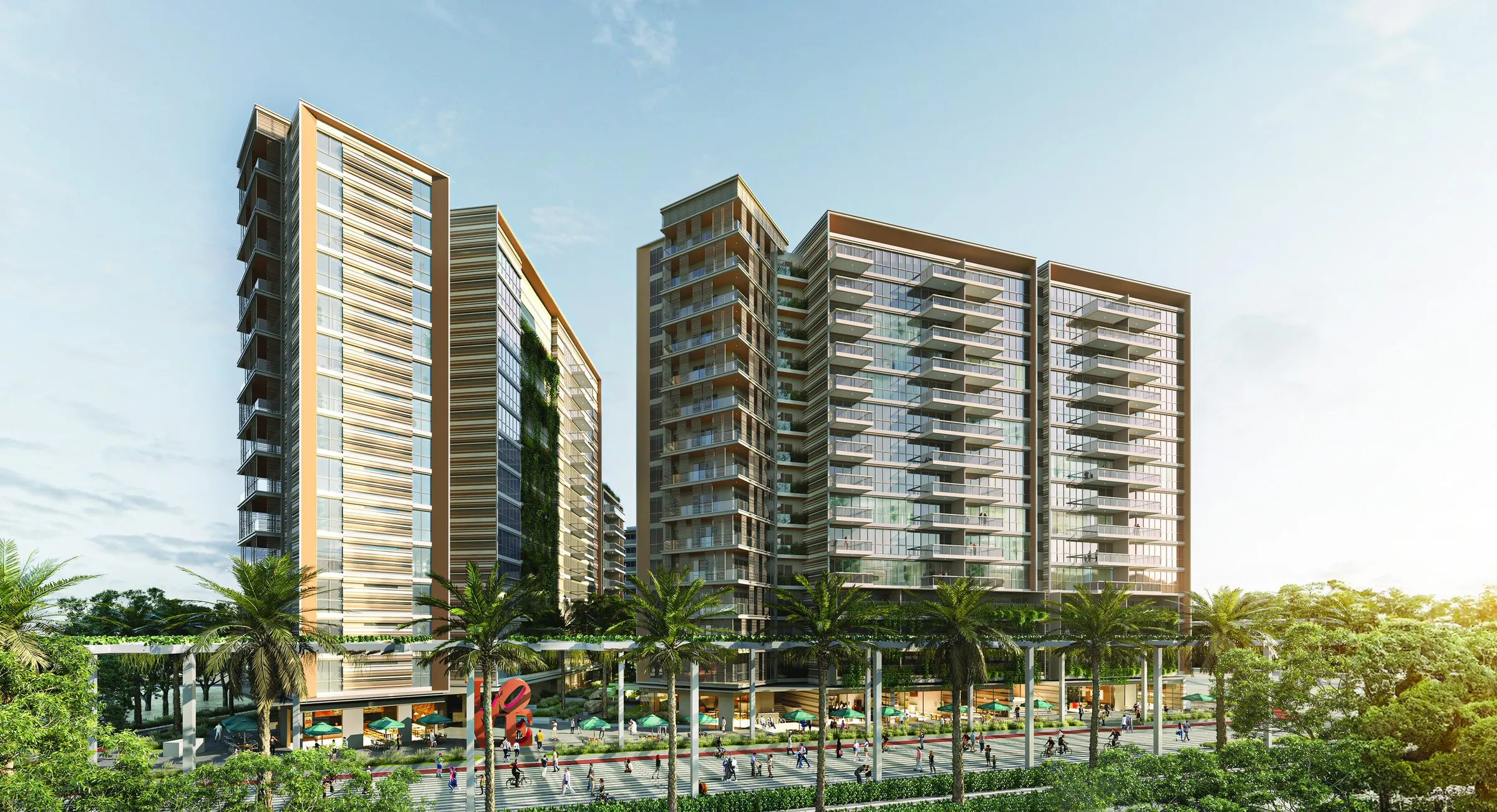 Render of the Sky Residences apartment buildings above a landscaped street in Expo City Dubai