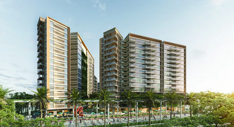 Render of the Sky Residences apartment buildings above a landscaped street in Expo City Dubai