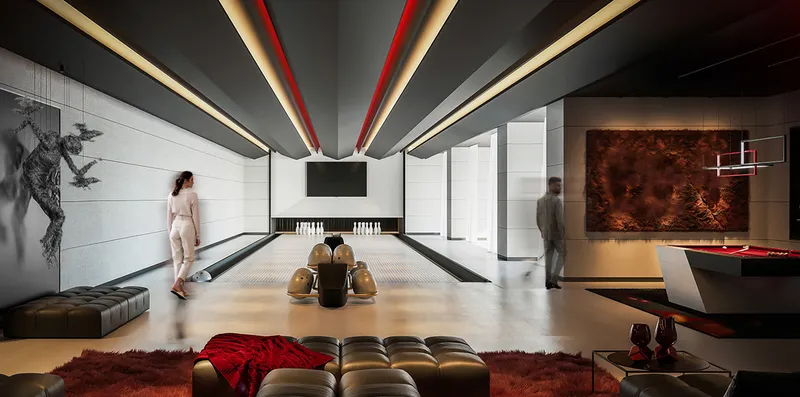 Render of the bowling lanes and lounge seating at Sky Suites