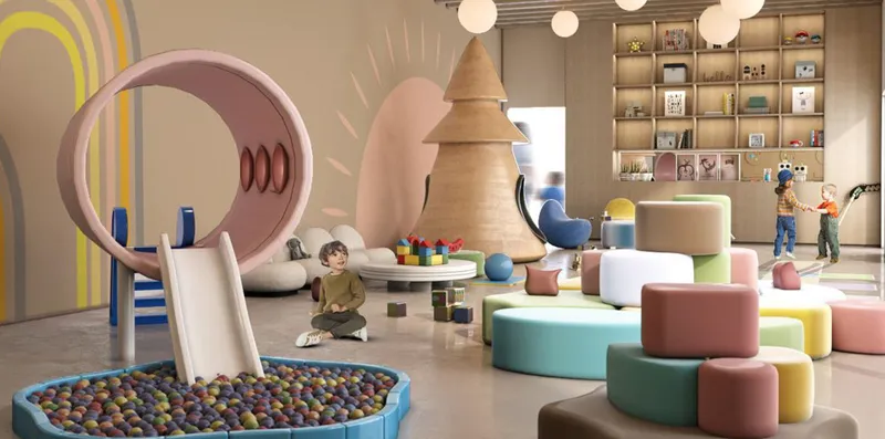 Render of the children's play area at Sky Suites with a ball pit, slide and soft play blocks