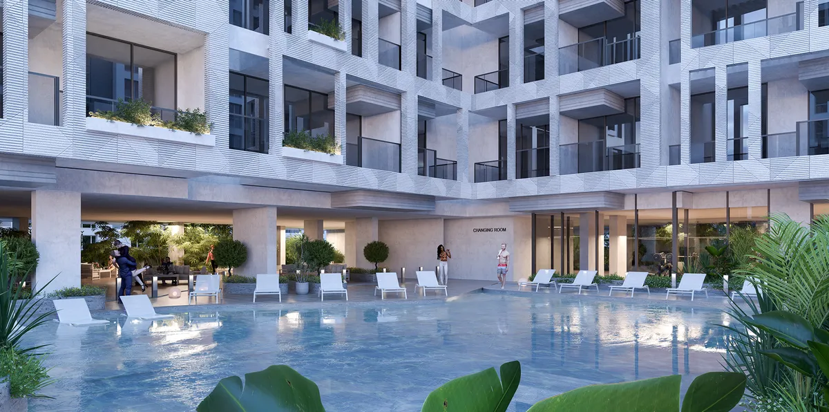 Render of the Sky Suites podium pool lined with sun loungers beneath the residential floors