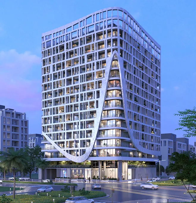 Render of the Sky Suites tower in JVC at dusk, with a white grid facade and a curved sweep running up its front