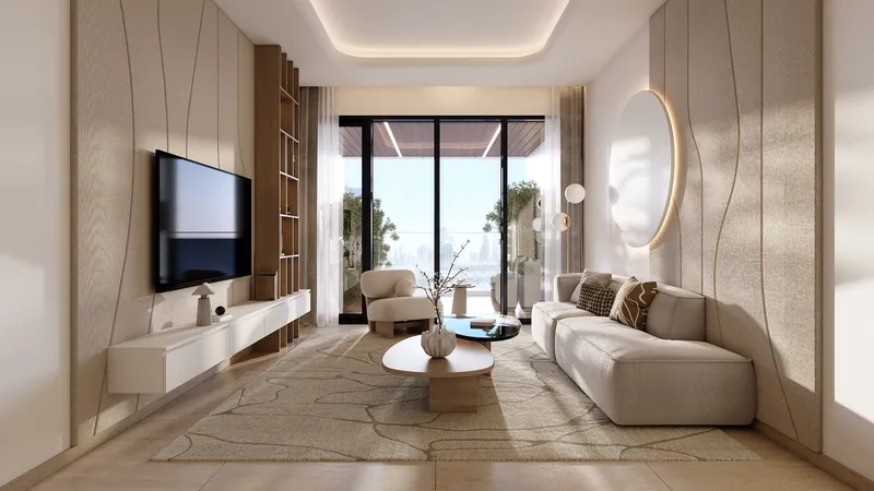 Living room with a sofa, wall-mounted television and balcony doors in a Skyhills Astra apartment