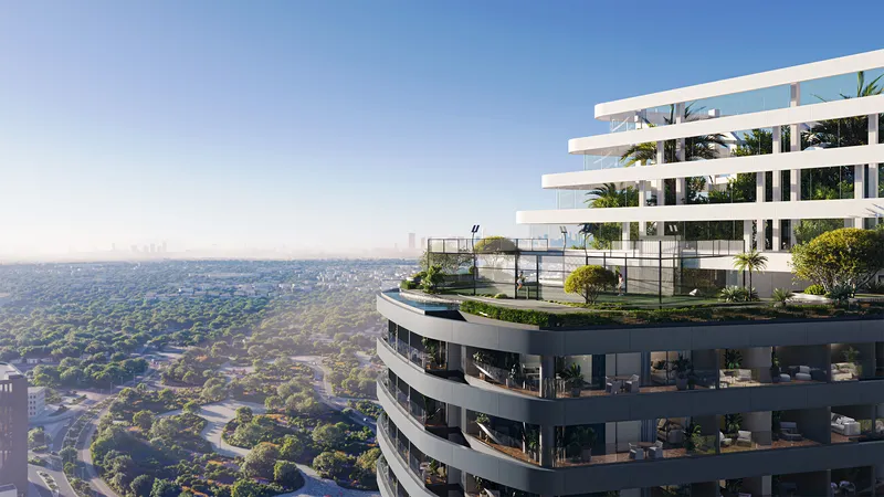 Stepped rooftop terraces with planting at the top of a Skyhills Astra tower