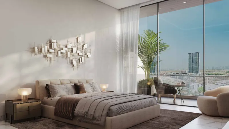Bedroom with a full-height window and balcony in a Skyhills Residences 3 apartment