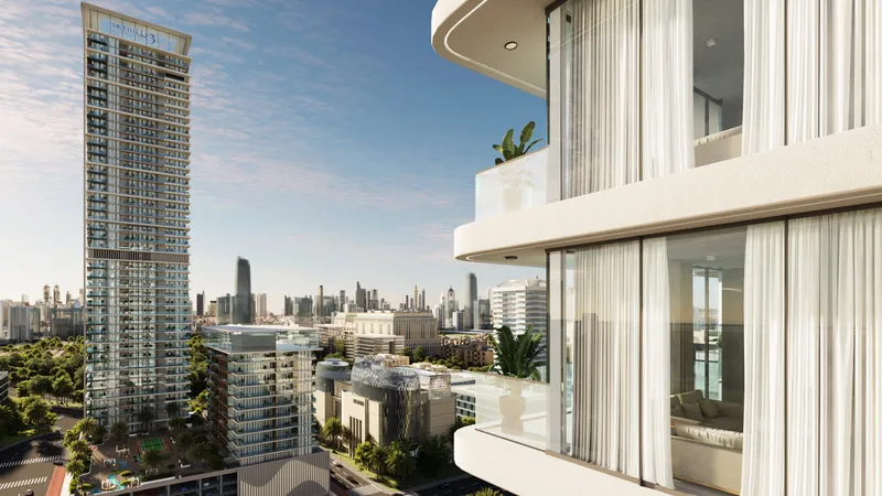 The tall tower and the lower tower of Skyhills Residences 3 above a shared podium, seen from a neighbouring balcony