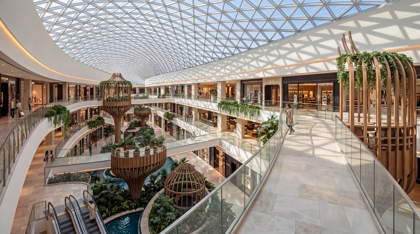 Render of the Skylight Mall atrium with a glass lattice roof, planted timber towers and shops on three levels