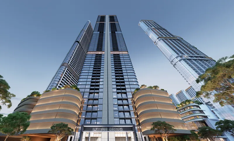 Looking up at Skyvue Altier from its entrance, with the neighbouring Skyvue towers alongside