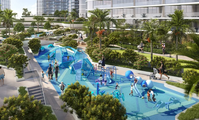 Children's play area set in landscaped gardens at Skyvue