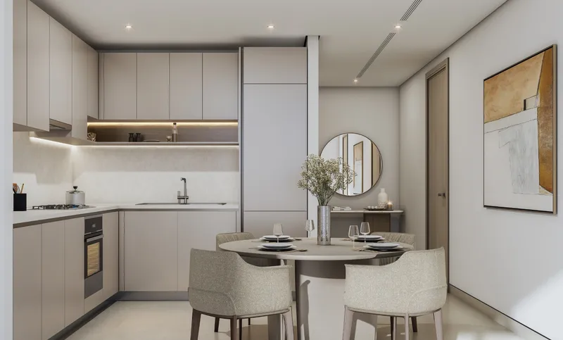 Fitted kitchen and dining table in a Skyvue apartment