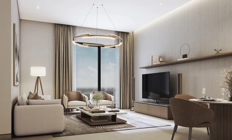 Living and dining room of a Skyvue apartment with a full-height window
