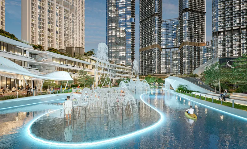 Central water feature with fountains and waterside dining between the Skyvue towers