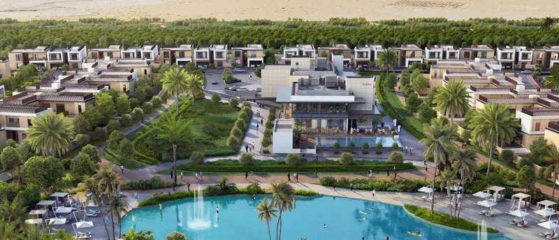 Aerial view of Sobha Elwood with the lagoon, clubhouse and villa streets