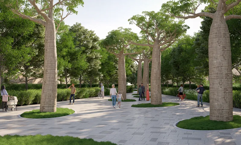 Walking paths under baobab trees in one of the forest-themed parks at Sobha Elwood
