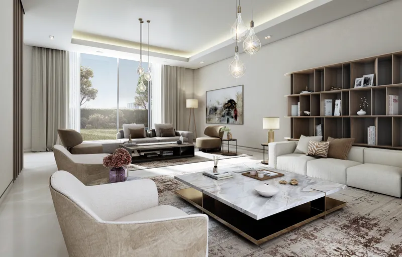 Living room of a Sobha Elwood villa opening to the garden