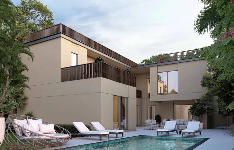 Garden side of a Sobha Elwood villa with a private pool and terrace
