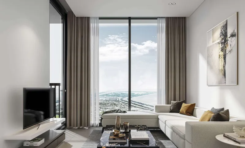 Sobha Orbis living room with a corner sofa and a full-height window