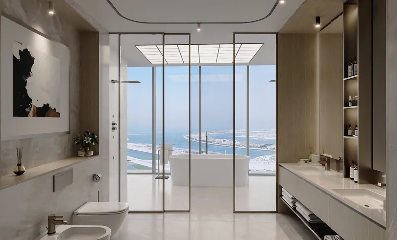 Bathroom at Sobha SeaHaven with a view over Palm Jumeirah